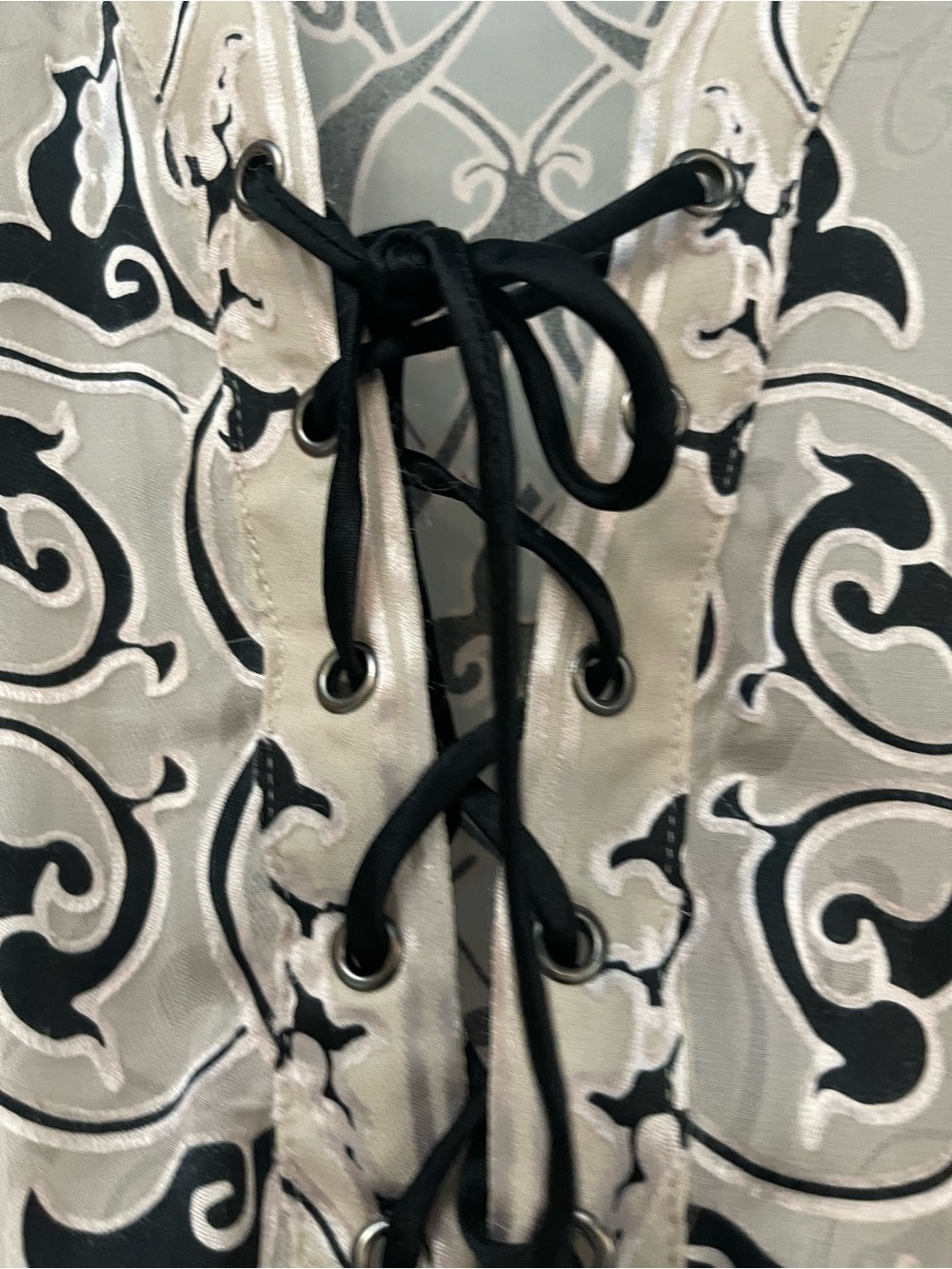 Hale Bob Silk Sheer Lace-Up Tunic M Cream Black Romantic Boho 70% Silk - Picture 9 of 10